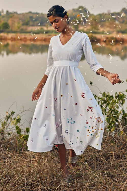 Okhai 'Raindrop' Hand Embroidered Mirror Work Pure Cotton Dress