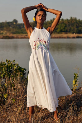Panorama Hand Embroidered Mirror Work White Pure Cotton Dress Online