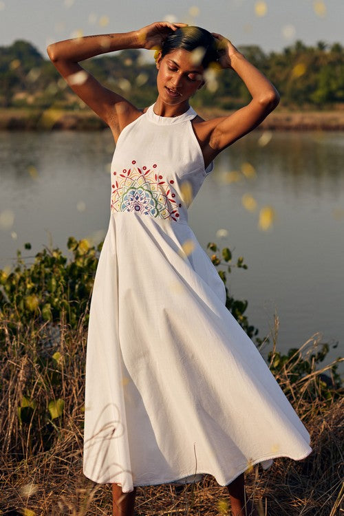 Okhai 'Panorama' Hand Embroidered Mirror Work Pure Cotton Dress