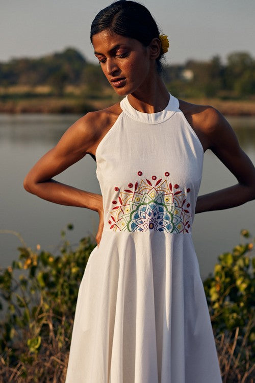 Okhai 'Panorama' Hand Embroidered Mirror Work Pure Cotton Dress | Rescue
