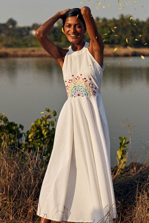 Okhai 'Panorama' Hand Embroidered Mirror Work Pure Cotton Dress