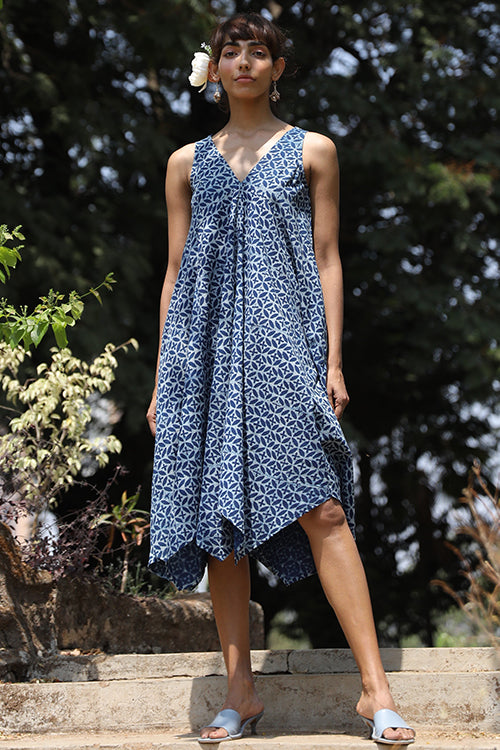 Okhai 'Passionate Story' Pure Cotton Hand Block Printed Indigo Sleeveless Dress | Relove