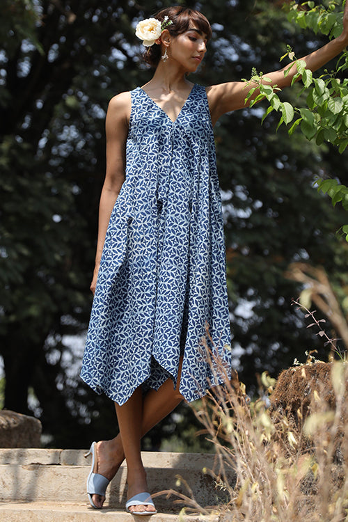 Okhai 'Passionate Story' Pure Cotton Hand Block Printed Indigo Sleeveless Dress | Relove