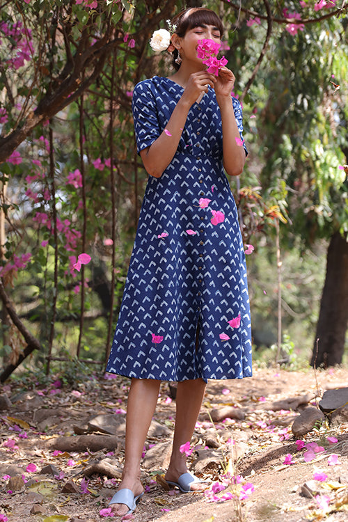 Okhai 'Butterfly Bush' Pure Cotton Hand Block Printed Indigo Dress