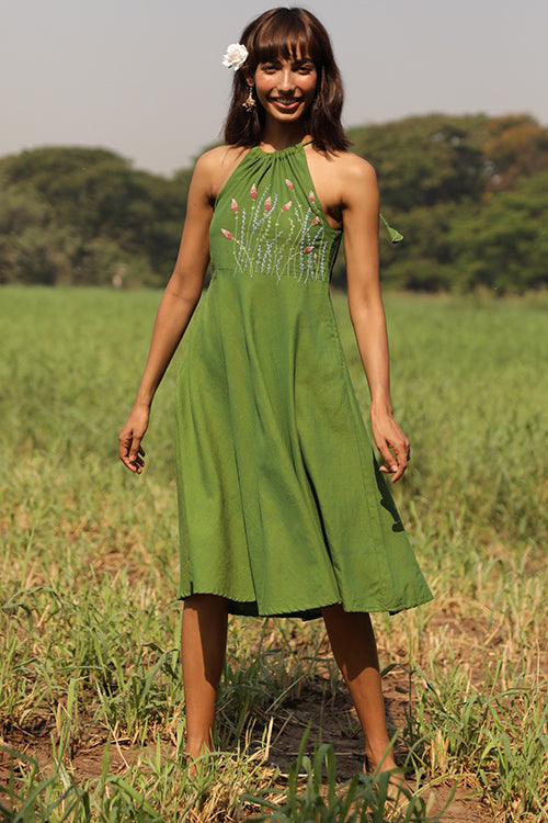 Savanna Hand Embroidered Pure Cotton Green Summer Dress For Women Online