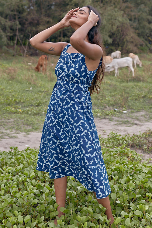 Okhai 'Indigo Jungle' Pure Cotton Indigo Handblock Printed Sleeveless Dress | Rescue