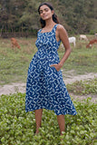 Okhai 'Indigo Jungle' Pure Cotton Indigo Handblock Printed Sleeveless Dress | Rescue