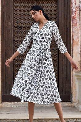  Majesty Camel Printed Pure Cotton Wrap Dress For Women Online