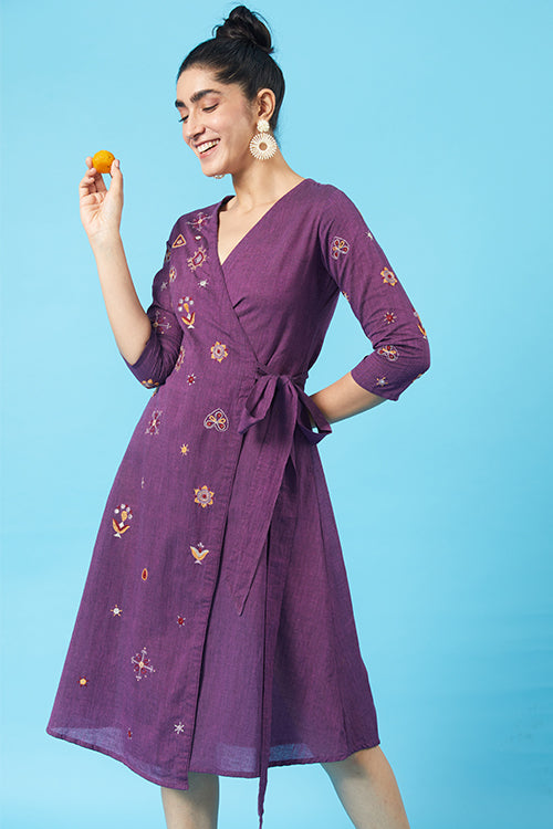 Bedazzle Kutch Embroidered Cotton Purple Wrap Dress For Women Online