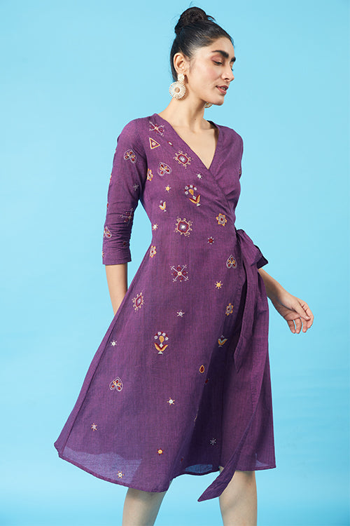 Bedazzle Kutch Embroidered Cotton Purple Wrap Dress For Women Online Okhaistore