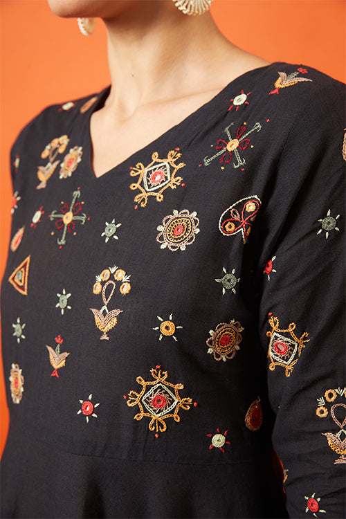 Queenlike Mirror Work Cotton Kutch Embroidered Black Flare Dress Online