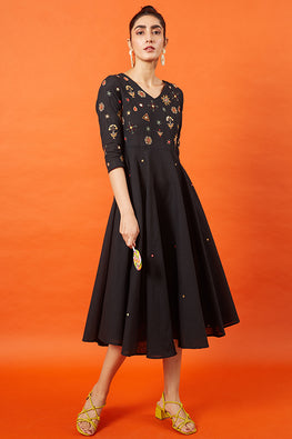 Queenlike Mirror Work Cotton Kutch Embroidered Black Flare Dress Online