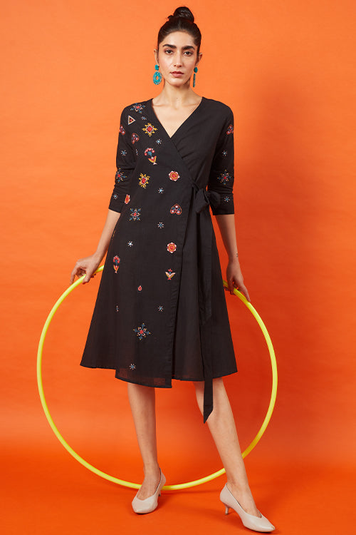 Embroidered wrap dress on sale