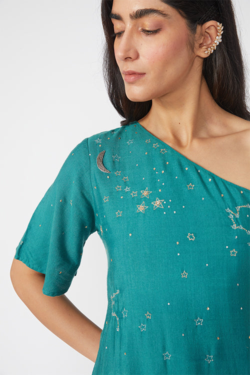 Okhai 'Stellar' Embroidered One Shoulder Dress With Dupatta