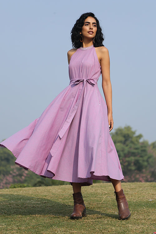 Lavender Pearl Mirror Work Halter Neck Dress For Women Online