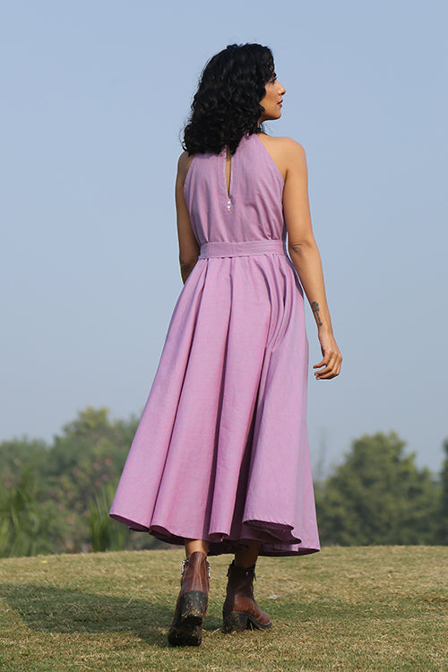 Lavender Pearl Mirror Work Halter Neck Dress For Women Online