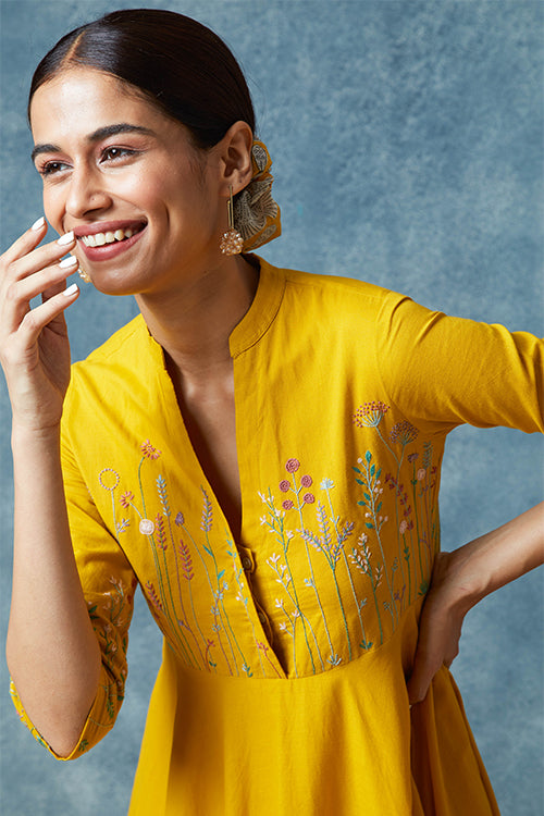 Okhai 'Golden Sand' Hand Embroidered Pure Cotton Dress