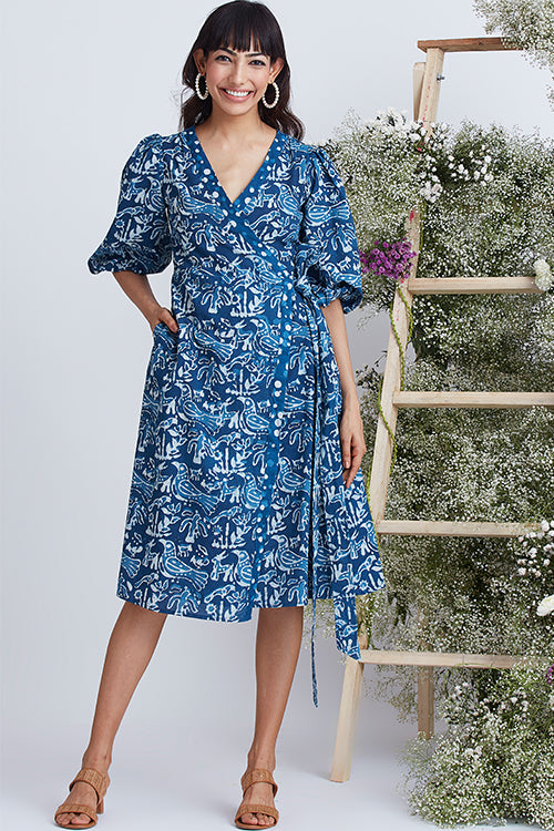 Okhai 'Sea Life' Hand Block Printed Pure Cotton Wrap Dress