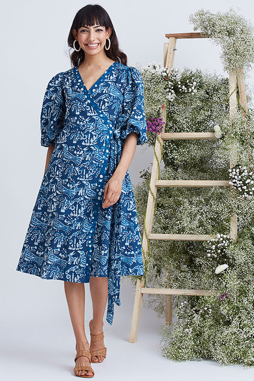 Okhai 'Sea Life' Hand Block Printed Pure Cotton Wrap Dress