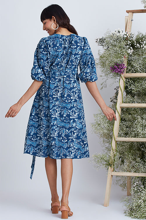 Okhai 'Sea Life' Hand Block Printed Pure Cotton Wrap Dress