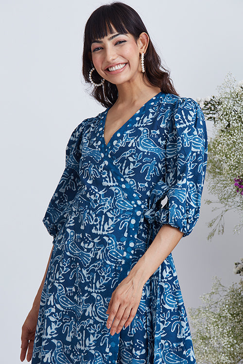 Okhai 'Sea Life' Hand Block Printed Pure Cotton Wrap Dress