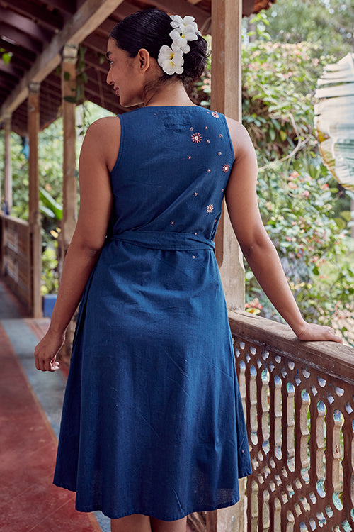 Okhai 'Sapphire Pearl' Hand Embroidered Mirror Work Wrap Dress