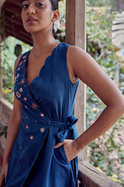 Okhai 'Sapphire Pearl' Hand Embroidered Mirror Work Wrap Dress