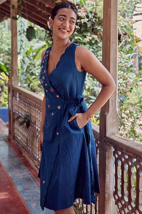 Okhai 'Sapphire Pearl' Hand Embroidered Mirror Work Wrap Dress