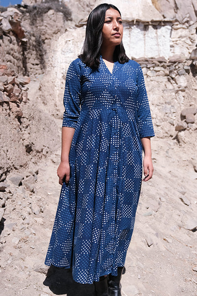Okhai Indigo Slosh Hand Block Printed Pure Cotton Dress For
