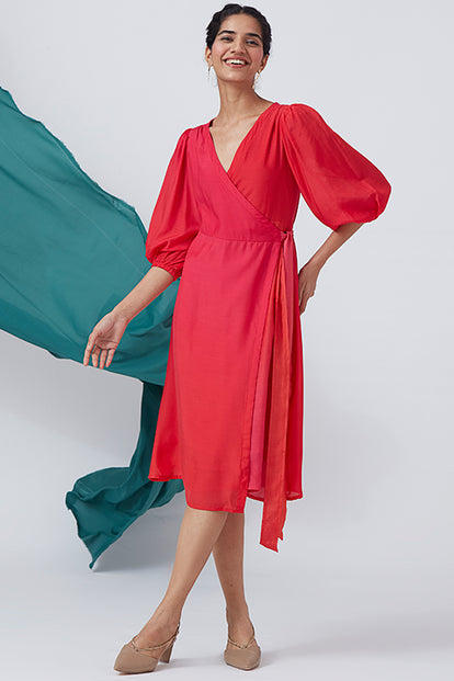 Bougainvillea Hues Ombre V-Neck Modal Silk Wrap Dress For Women Online