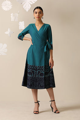 Okhai 'Daydreamer' Pure Cotton Applique Work Hand Embroidered Mirror Work Wrap Dress