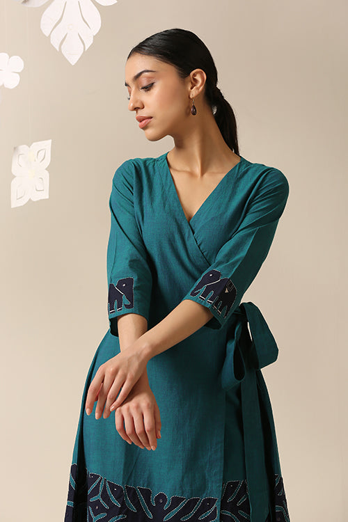 Okhai 'Daydreamer' Pure Cotton Applique Work Hand Embroidered Mirror Work Wrap Dress