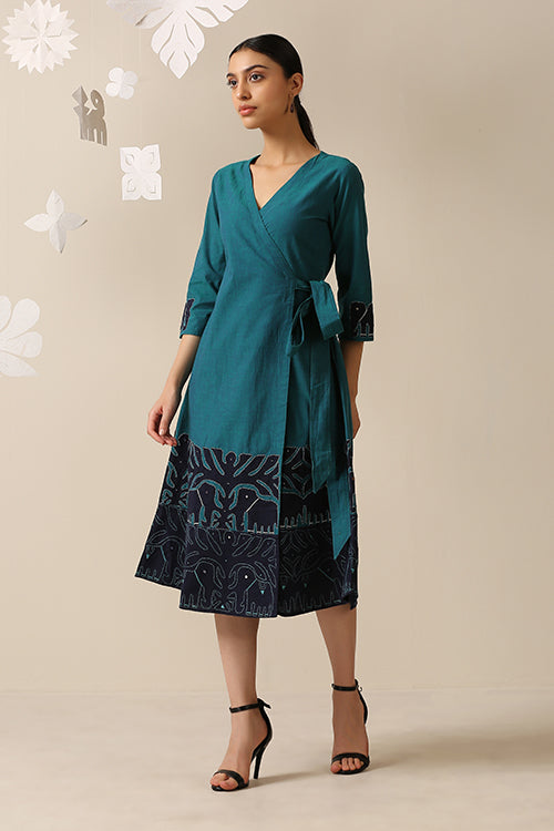 Okhai 'Daydreamer' Pure Cotton Applique Work Hand Embroidered Mirror Work Wrap Dress