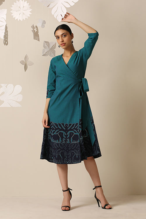 Okhai 'Daydreamer' Pure Cotton Applique Work Hand Embroidered Mirror Work Wrap Dress