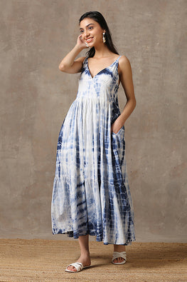 Okhai Blue Whale Tie-Dye Pure Cotton V Neck Dress For Women Online
