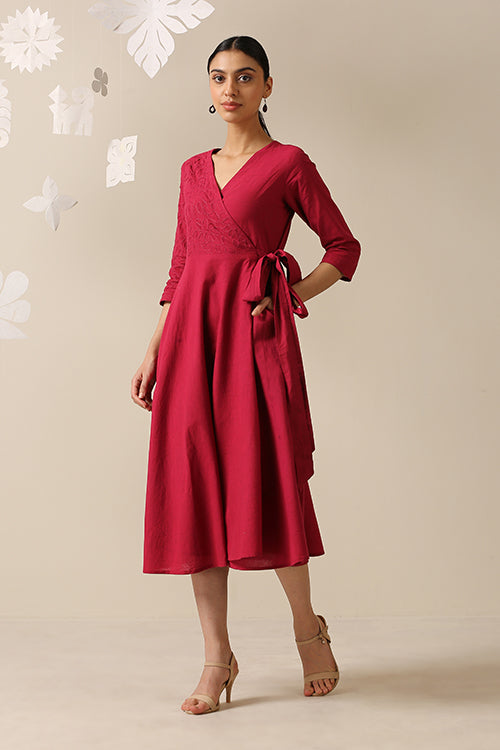 Okhai 'Cherry-Ful' Pure Cotton Applique Work Hand Embroidered Wrap Dress