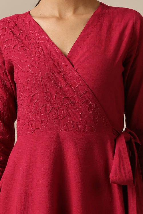 Okhai 'Cherry-Ful' Pure Cotton Applique Work Hand Embroidered Wrap Dress