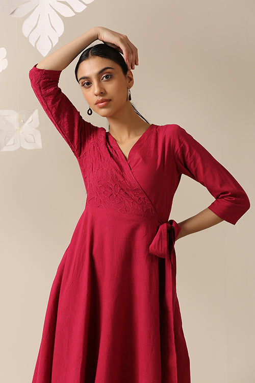 Okhai 'Cherry-Ful' Pure Cotton Applique Work Hand Embroidered Wrap Dress