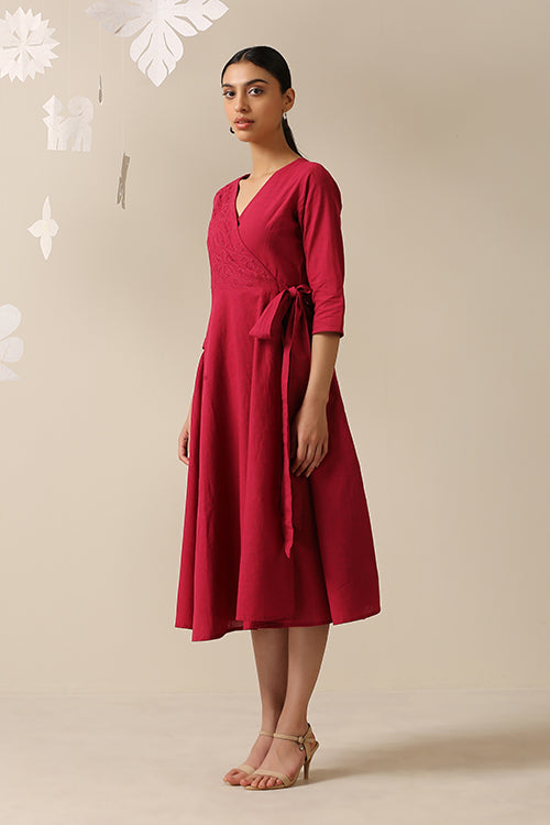 Okhai 'Cherry-Ful' Pure Cotton Applique Work Hand Embroidered Wrap Dress