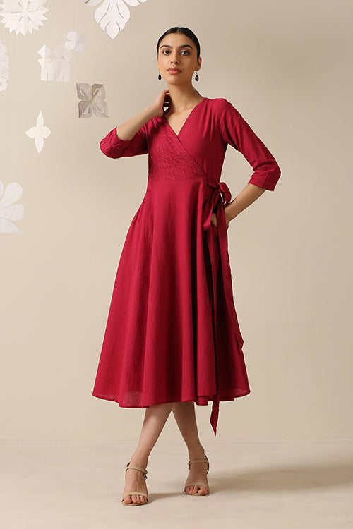 Okhai 'Cherry-Ful' Pure Cotton Applique Work Hand Embroidered Wrap Dress