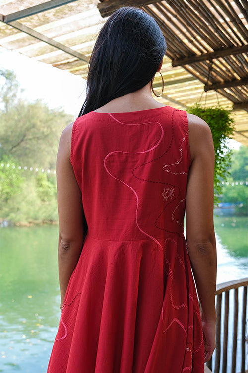 Seaside Red Hand Embroidered Pure Cotton Dress For Women Online – Okhaistore