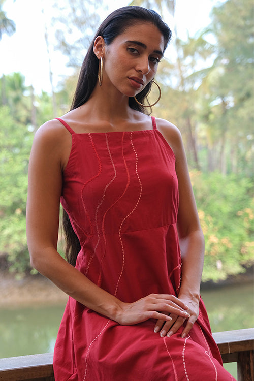 Wave Splash Red Pure Cotton Hand Embroidered Dress For Women Online