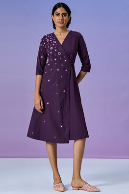  Feareless Soul Pure Cotton Mirror Work Purple Wrap Dress For Women Online