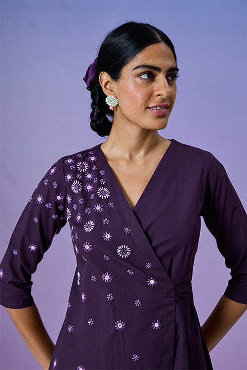  Feareless Soul Pure Cotton Mirror Work Purple Wrap Dress For Women Online