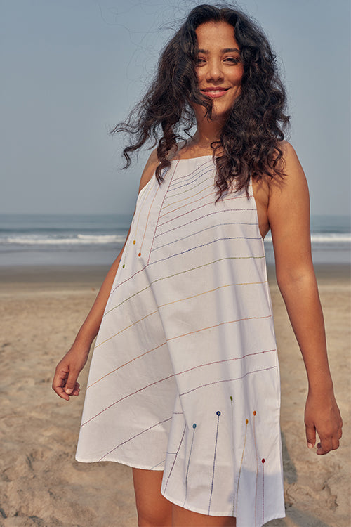 Okhai 'Color' Hand Embroidered Mirror Work Pure Cotton Sleeveless Dress | Rescue