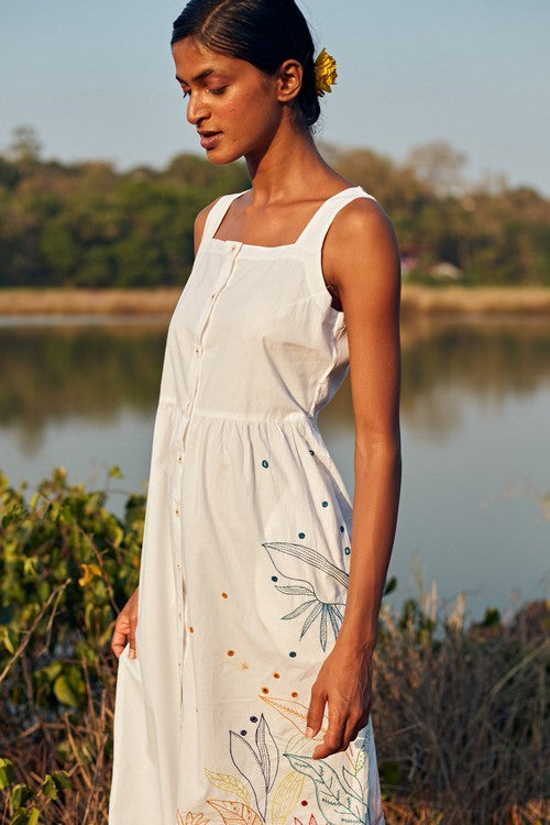 Okhai 'Daydream' Hand Embroidered Mirror Work Pure Cotton Dress with Stole