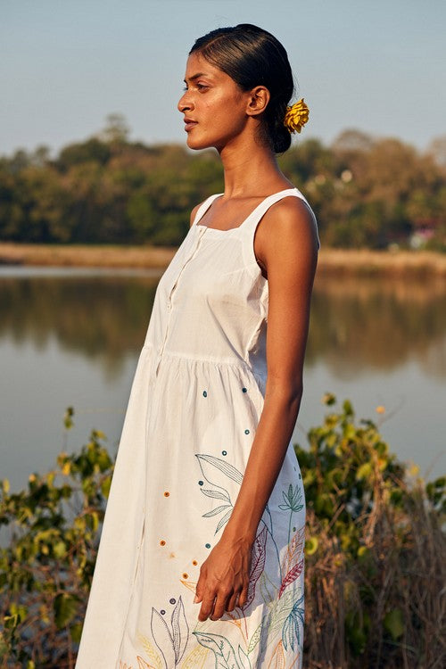 Okhai 'Daydream' Hand Embroidered Mirror Work Pure Cotton Dress with Stole