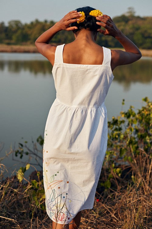 Okhai 'Daydream' Hand Embroidered Mirror Work Pure Cotton Dress with Stole