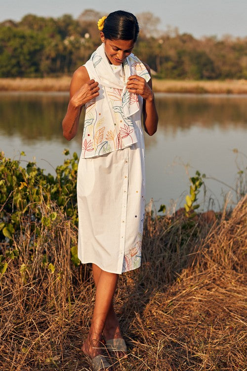 Okhai 'Daydream' Hand Embroidered Mirror Work Pure Cotton Dress with Stole