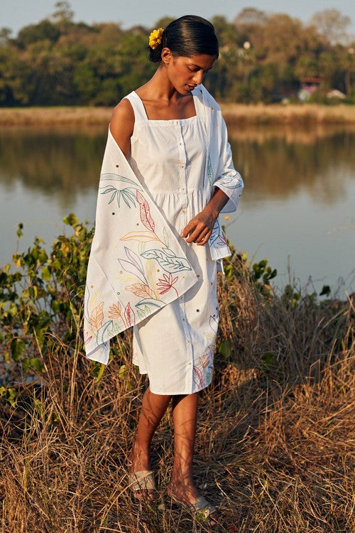 Okhai 'Daydream' Hand Embroidered Mirror Work Pure Cotton Dress with Stole
